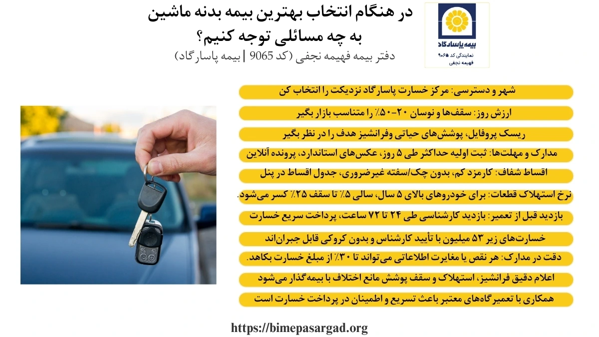 در هنگام انتخاب بهترین شرکت بیمه بدنه، چک ‌لیست زیر را به‌ ترتیب اجرا کن تا با کمترین هزینه، بیشترین جبران را بگیری. از مکان و دسترسی شروع کن، بعد پوشش‌های ضروری را با ریسک شخصی تطبیق بده. برای انتخاب بهترین بیمه بدنه، فقط قیمت ملاک نیست؛ باید به جزئیاتی مثل سرعت کارشناسی، دقت در مدارک، شفافیت محاسبه خسارت و امکان پرداخت مستقیم به تعمیرگاه توجه کنید.